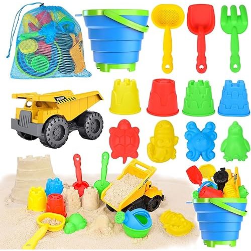 Beach Toys, 14Pcs Sand Toys with Construction Vehicle and Collapsible Beach Bucket, Animal Sand Mold Sets, Watering Can,Shovel Set with Mesh Bag,Summer Outdoor Play Travel Sandbox Gift for Boys Girls