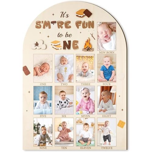 R HORSE My First Year Photo Display Wood Board - 3D S'mores Baby's First Year Picture Frame, 12 Months Camping Campfire Milestone Board Baby Keepsake Gift 1st Birthday Nursery Decor for Boy Girl