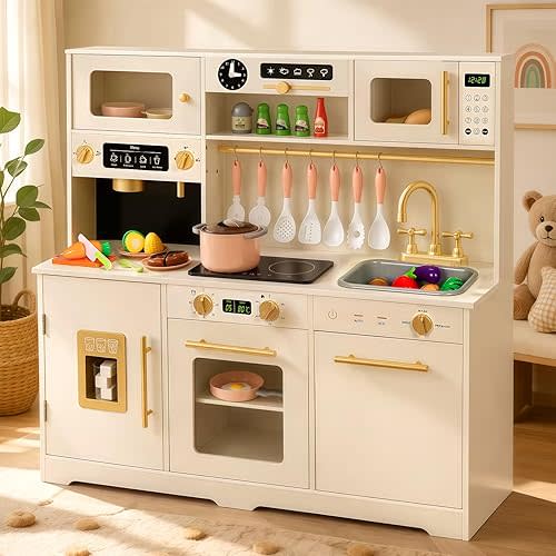 Kids Play Kitchen, Large Wooden Toy Kitchen Set with 41Pcs Food & Cookware