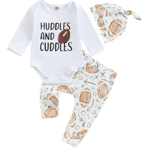 Baby Boy Football Outfits Sundays are for with daddy Letter Print Bodysuit Romper Rugby Legging Pants Hat 3pcs Set