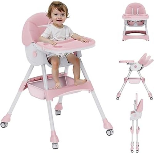 High Chairs for Babies and Toddlers, 4 in 1 Convertible Baby High Chair, Portable High Chair for Travel with Adjustable Height and Back, Foldable HighChair with Wheels& Pu Cushion