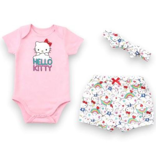 Hello Kitty Baby Girls' 3-Piece Bodysuit with Bloomer & Headband Set, Light Pink/Clouds, Newborn