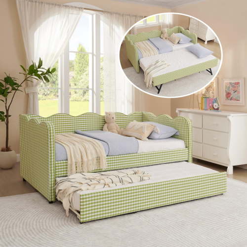 Twin Size Gingham Daybed with Trundle, Wave Shaped Sofa Bed with USB Port, No Box Spring Needed