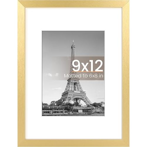 upsimples 9x12 Picture Frame, Display Pictures 6x8 with Mat or 9 x 12 Without, Wall Hanging Photo Frames, Gold, 1 Pack