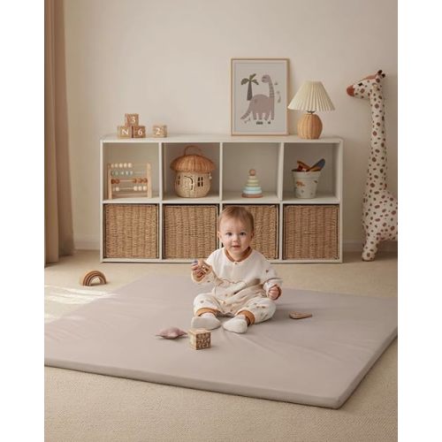 Blissful Diary Vegan Leather Baby Play Mat, 50x50 Thicken Foam Cushioned & Waterproof Playpen Mat for Infants and Toddlers, Stylish and Just Wipe-Clean Playmat for Baby Play on Floor, Brown Gray