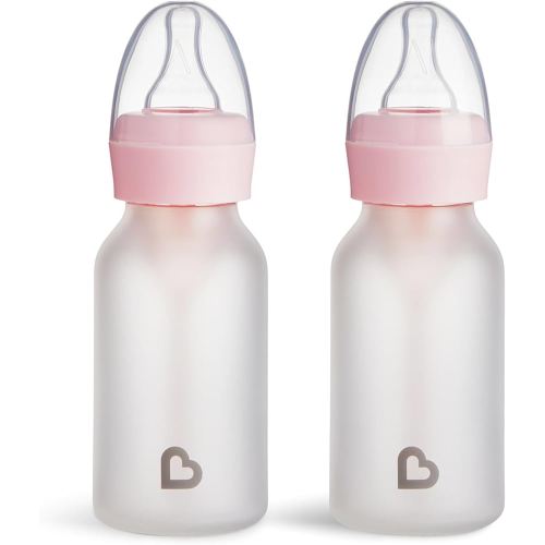 Munchkin Bond Silicone Coated Glass Baby Bottles - Anti-Colic Feeding System with Natural Feel Nipples, 4 Ounce, 2 Pack, Pink