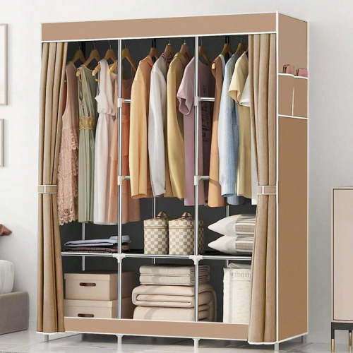 Non-Woven Fabric Closet Organizers and Storage with Cover, Portable Wardrobe Closet Storage, Dustproof Clothing Rack Shelf, Beige