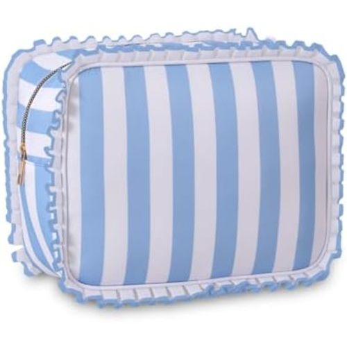 Stripe Ruffle Makeup Bag,Large Travel Cute Cosmetic Bag for Women Girls,Toiletry Bag Make up Organizer 10.8 x 4.5 x 8 inch (Blue Stripe)