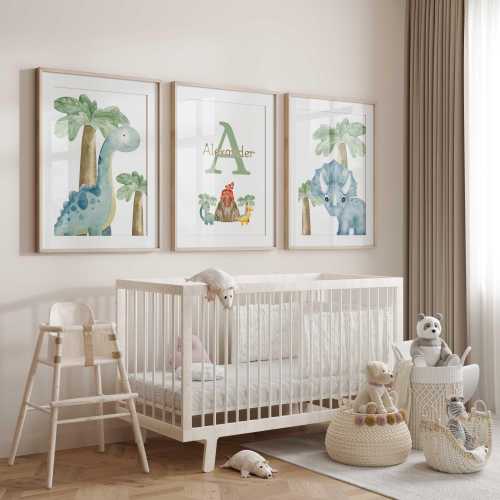 Personalized Dinosaur Nursery Prints: Set of 3, Baby Boy Decor