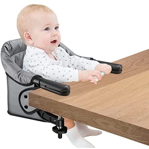 Hook On High Chair, Clip on Table Chair w/Fold-Flat Storage Feeding Seat -Attach to Fast Table Chair for Home and Travel (Grey)
