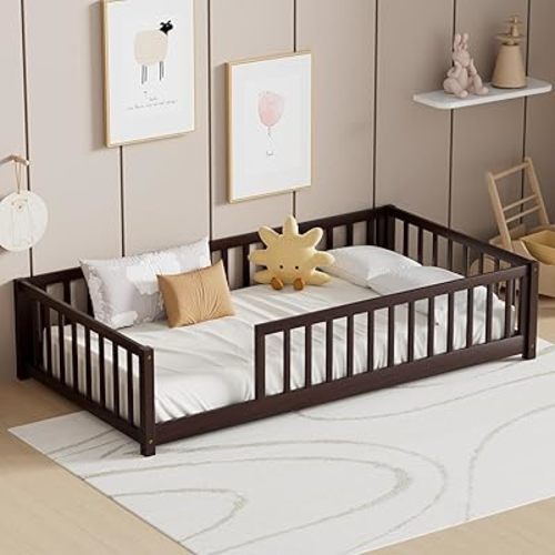LLS Twin Floor Bed for Children, Durable Montessori Floor Bed with Sturdy Slats and Safety Fence, Solid Wood Floor Bed Frame for Girls Boys and Teens, Espresso (Without Door)