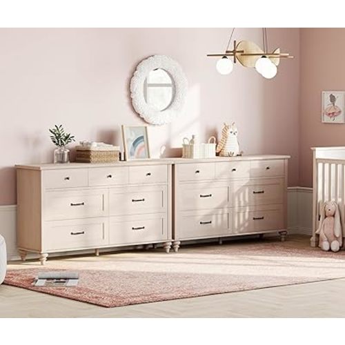 WAMPAT 2-in-1 Baby Dresser for Bedroom, Elegant Kids Dresser Wooden Dresser for Kids Room, 7 Drawer Dresser Set Organizer for Children's Bedroom, Nursery Furniture, Beige