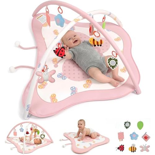 Pamo Babe Baby Play Gym & Activity Mat, Tummy Time Mat with 8 Montessori Toys, Non-slip Foldable Baby Playmat for Stage-Based Development, Machine Washable Baby Gym Play Mat for Newborn Essential Gift
