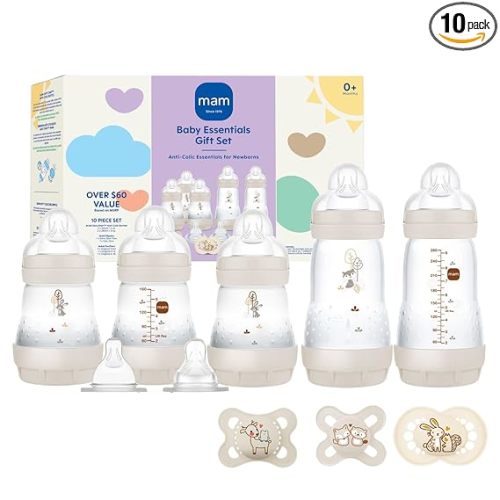 MAM Newborn Essentials Matte Feeding Set with Easy Start Anti-Colic Bottles 5oz, Self-Sterilizing, 0-3 Months Pacifiers and Skinsoft Silicone Nipples, Baby Gift, 10 Pieces
