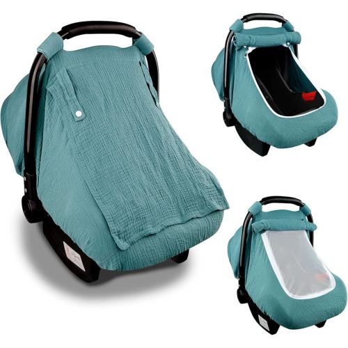 Muslin Car Seat Covers for Babies, Summer Baby Car Seat Cover for Boys Girls with Breathable Window, Lightweight Infant Car Seat Canopy, Blue