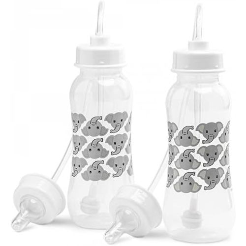Hands-Free Baby Bottle - Anti-Colic Nursing System 9 oz Baby Bottle with Fast Flow Nipple/Teat 3m+ with Tube Straw Feeding System for Toddler (2 Bottles - Elephant)