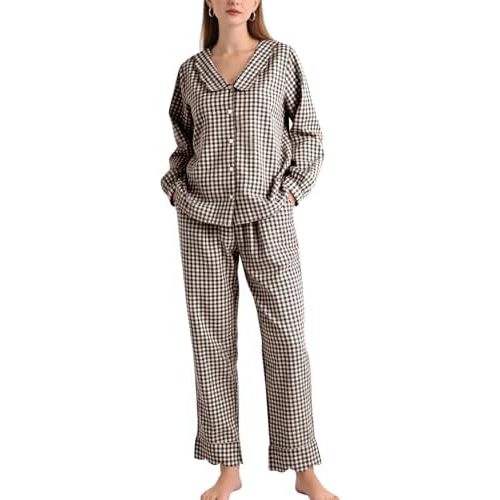 COZYPOIN Womens 100% Cotton Gingham Pajama Set 2 Piece Scalloped Set