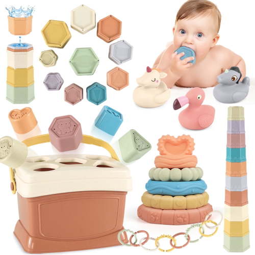 32PCS 6-12-18 Months 5-in-1 Montessori Education Toys , Baby Stacking Toys Bath Toys Newborn Toys Shape Sorters Toy for Toddler 1-3 ,Boys Girls Birthday Gifts
