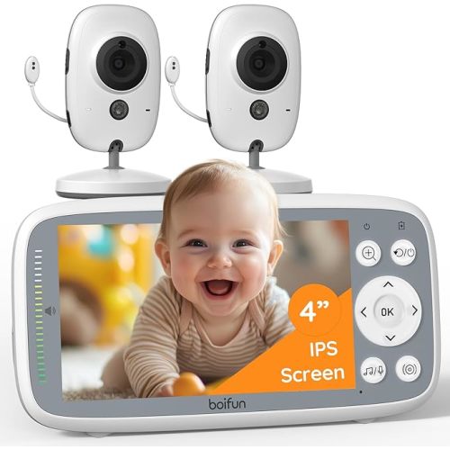 BOIFUN Baby Monitor No Wi-Fi, 4'' 3X Zoom Display, IPS 720p Wireless (Moniteur Bébé), Easy to Use and Set Up, VOX Sound Detection(Single Baby Monitor with Two Cameras)
