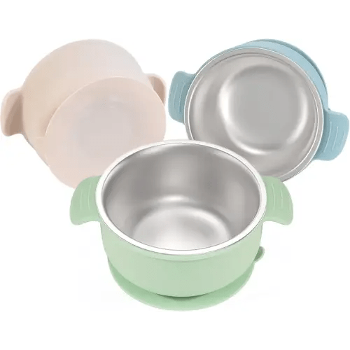 Bella's Friends Stainless Steel and Silicone Baby Bowls with Suction 3 Pack, 4.3” for Toddlers Kids Feeding, Non-Slip, Non-Toxic, Mess-Free, Dishwasher Safe, Fit High Chair Size, beige green blue