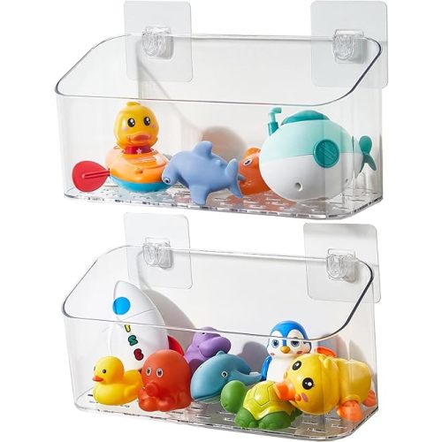Bath Toy Storage Organizer, Bathtub Toy Storage Holder, Large Capacity Wall Mounted Shower Caddy Shower Organizer, No Drill Shelves Basket, Clear White, 2 Pack