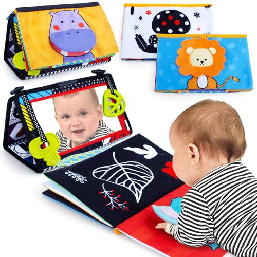 Teytoy Tummy Time Newborn Mirror - Infant Toys 0-3 Months with Brain Developmental Baby Mirror, Cloth Book & Teethers, High Contrast Black and White Sensory Toys for 4-12 Months