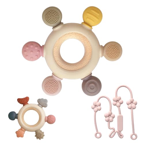 3 Packs Teether Rings for 0-6 6-12 Months Babies, Teething Toys with Pacifier Clip Holder, Baby Chew Toys for Sucking Needs, Baby Essentials