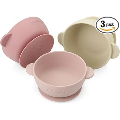 PandaEar 3 Pack Baby Bowls with Suction| Stay Put Silicone Food Bowl for Babies Kids Toddlers Infants| Food Grade Soft Safe BPA-Free Silicone (Pink)