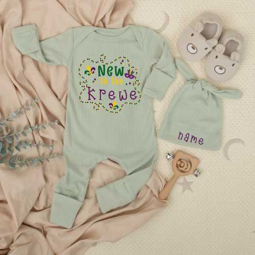 Personalized New To The krewe Baby Bodysuit set, Cute Newborn Baby Clothing, Baby Announcement, Baby Shower Gift, Baby mardi gras Outfit