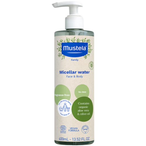 Mustela Certified Organic Micellar Cleansing Water -No-Rinse Natural Water Cleanser w/ Olive Oil & Aloe Vera - For Baby, Kid & Adult - Fragrance Free, EWG Verified & Vegan -13.5 oz-Packaging may vary
