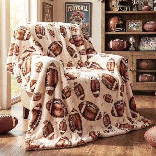 EVERLORIA Football Throw Blanket 50"x60", Soft Plush Fleece Rugby Blankets for Sofa Couch, Flannel Sherpa Football Throw Room Bed Decor, Game Day Teen Boys Kids Friend Sports Fan Gift Blankets, Beige