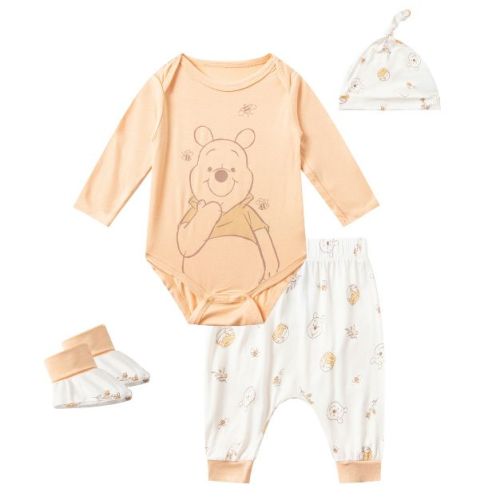 Disney Winnie the Pooh Baby Boys 4 Pack Bamboo Viscose Long Sleeve Bodysuit with Booties, Hat, and Pants Set for Infant