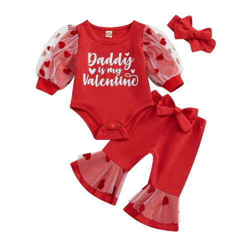 Bagilaanoe 3pcs Newborn Valentine Outfits Baby Girl Pants Set Long Sleeve Romper Tops + Flare Trousers + Headband 3M 6M 9M 12M Infant Casual Clothes