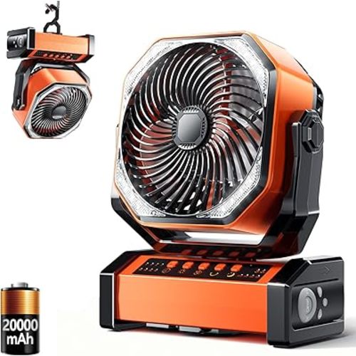 Camping LED Fan with Light, 20000mAh Rechargeable Battery Powered Outdoor Tent Fan with Light and Hook, 4 Speed, Personal USB Desk Fan for Camping, Fishing, Power Outage,Hurricane, Worksite