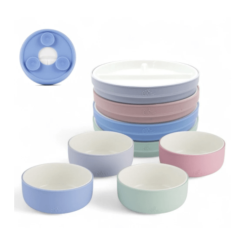 Kids Porcelain Mealtime Bundle | Suction Sleeves | 6.7" Plates + Bowls | 8 Pcs | Blush/Lilac/Sage/Misty Blue