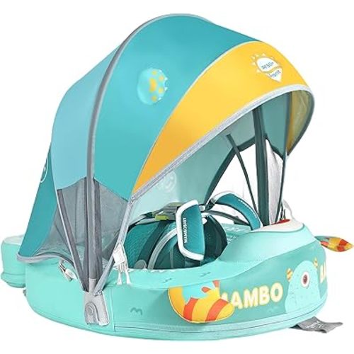 Mambobaby Float with Canopy and Tail New Upgraded Non-Inflatable Baby Pool Float Mambo Float Swim Trainer Solid Infant Swim Float Adjustable Pearl Foam Baby Swim Ring