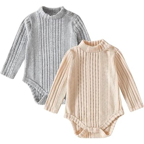 DEFAHN Baby Turtleneck Bodysuit Long Sleeve Boy Girl Ribbed Knit Jumpsuit Outfit 2 Pack Baby Solid Onsies 0-24 Months