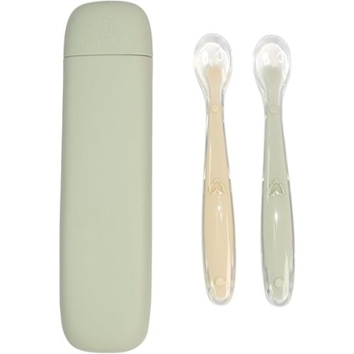 Silicone Baby Feeding Spoons with Storage Box, First Stage Infant Soft-Tip Easy on Gums I Training Spoon Self | Utensils Supplies (Green)