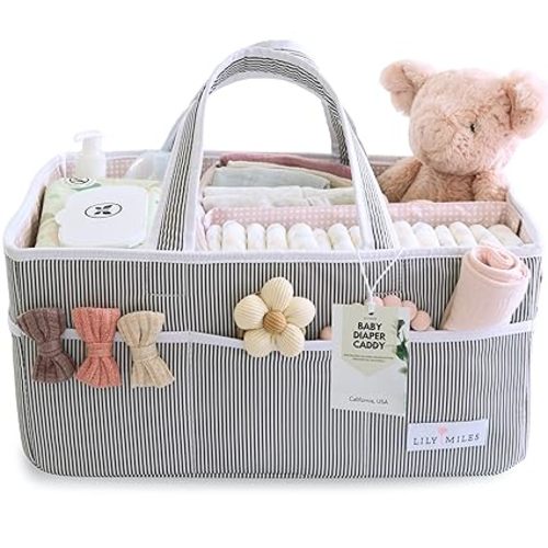Lily Miles Baby Diaper Caddy Organizer, Girl Nursery Storage Basket with 8 Pockets, Baby Organizer and Storage, Easy-to-Clean Fabric, Large, Pink Blush
