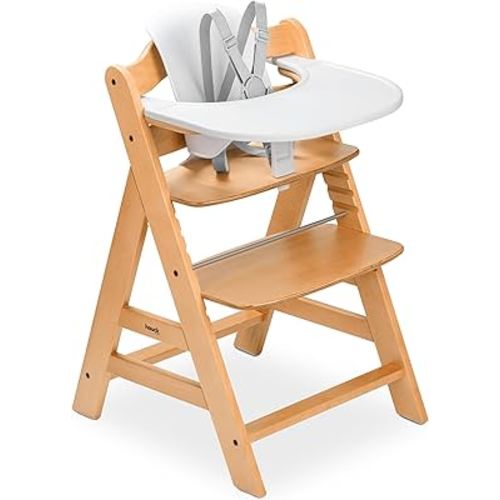 hauck Alpha+ Adjustable Wooden High Chair with Tray and Baby Seat - Beech Wood Feeding Chair for Babies and Toddlers from 6 Months to 198 lbs - Natural