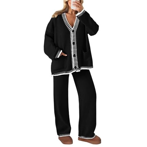 PRETTYGARDEN Women's Fall 2 Piece Matching Cozy Knit Sweater Lounge Sets | Comfy Postpartum Outfits, Casual Winter Travel Clothes, Leisure Wear, V Neck Button Down Cardigans, Wide Leg Pants, Pockets