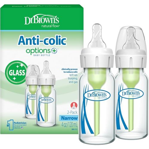 Dr. Brown’s Natural Flow Anti-Colic Options+ Narrow Glass Baby Bottles, 4oz, 2-Pack