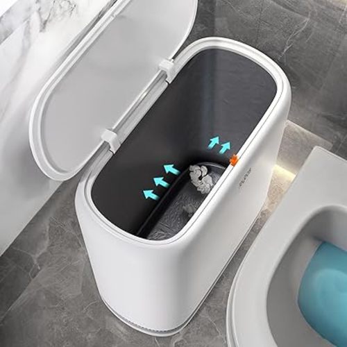 JOYBOS Bathroom Trash Cans,Adsorption Garbage Can with Press Type Lid,10L Dogproof Slim Plastic Narrow Trash Bin,3 Gallon Garbage Bin for Home,Office and Narrow Place