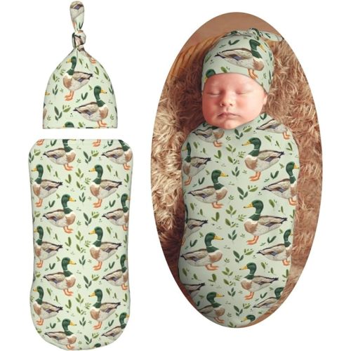 Mallard Duck Newborn Swaddle Blankets Hat Sets Soft Baby Receiving Blanket Swaddle Sack for Baby Shower Infant Boy Girl Gift