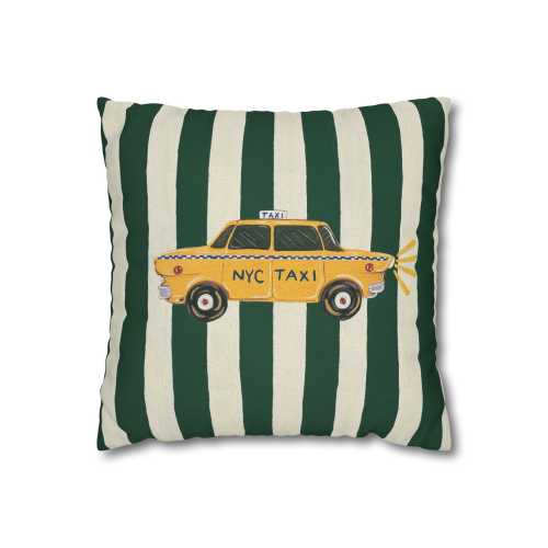 Yellow NYC Taxi Pillowcase | Striped Green Canvas Square Throw Pillow