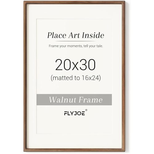 20 x 30 Poster Frame, USA-Sourced Natural Walnut Wood Picture Frame with Tempered Glass, Handcrafted Rounded Corner 20x30 Wooden Frame Matted to 16x20 Photos, Horizontal or Vertical Wall Mounting
