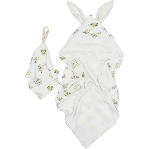 Baby Hooded Towel Set:28"x28" Inch Bamboo Viscose & Cotton Muslin,Ultra Soft Bunny Ear Hood with Cat,Squirrel and Dog Print - Absorbent Bath/Swim Towel for Newborn Toddler (Cat and Dog)