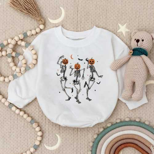 Dancing Skeletons Romper Sweatshirt, Halloween Baby Outfit, Pumpkin Head Costume, Funny Baby Clothes, Fall Baby Gift, Toddler Romper