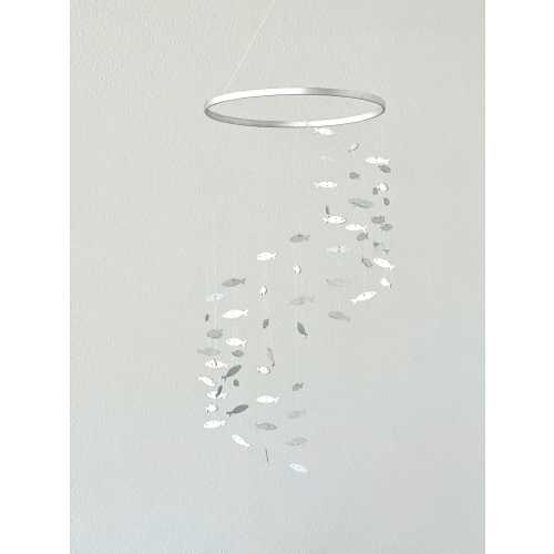 Silver wood fish baby mobile, marine crib mobile nursery, night baby mobile, kids mobile, minimalist mobile, gender neutral mobile