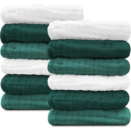 Sunny zzzZZ Baby Muslin Washcloths -100% Cotton Muslin Soft Baby Bath Wash Cloths and Absorbent Burp Cloths for Newborns Kids Girls and Boys -12 Pack, 12x12 Inches - White+Deep Emerald Series